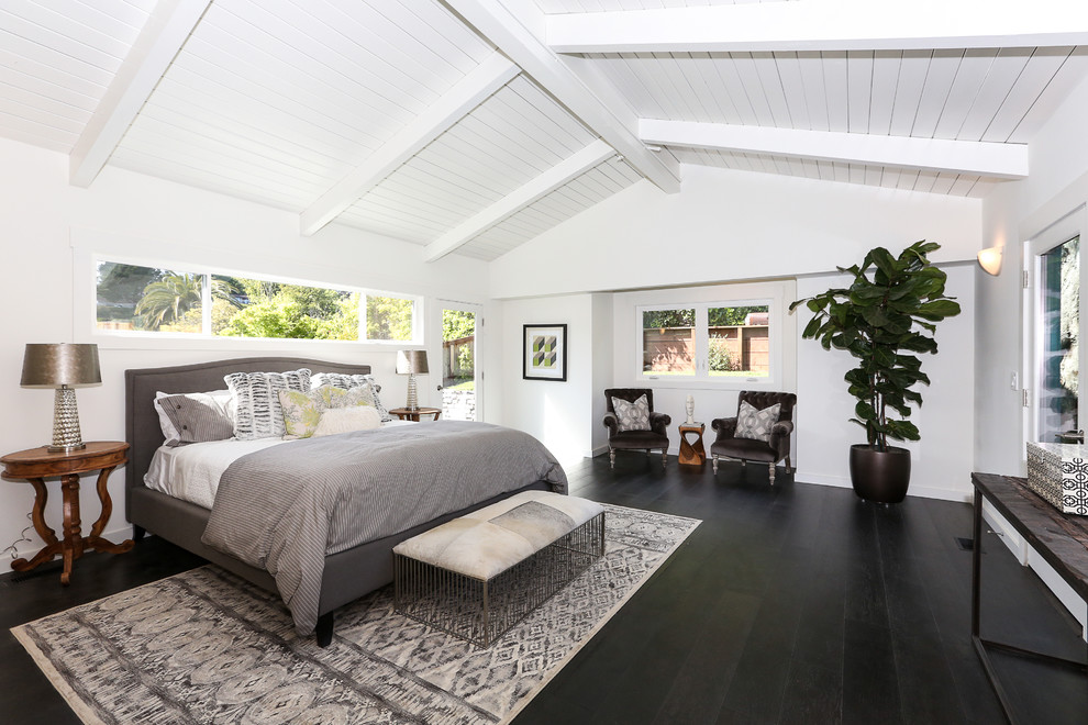 Design ideas for a mid-sized contemporary master bedroom in San Francisco with white walls, dark hardwood floors and no fireplace.
