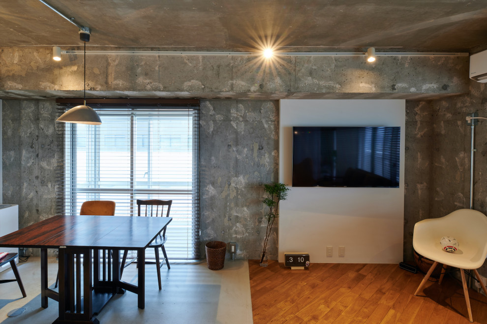 東京23区にある低価格の中くらいなインダストリアルスタイルのおしゃれなLDK (白い壁、無垢フローリング、壁掛け型テレビ、茶色い床、表し梁、塗装板張りの壁、間仕切りカーテン、グレーの天井) の写真