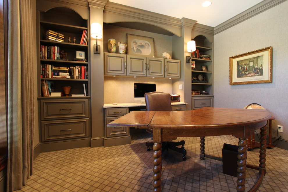 This is an example of a mid-sized traditional study room in Cleveland with grey walls, carpet, no fireplace and a freestanding desk.