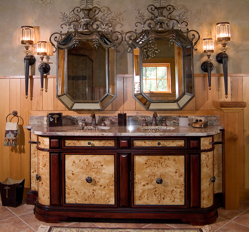 Photo of a country bathroom in New York with a drop-in sink, furniture-like cabinets, dark wood cabinets, granite benchtops and beige walls.