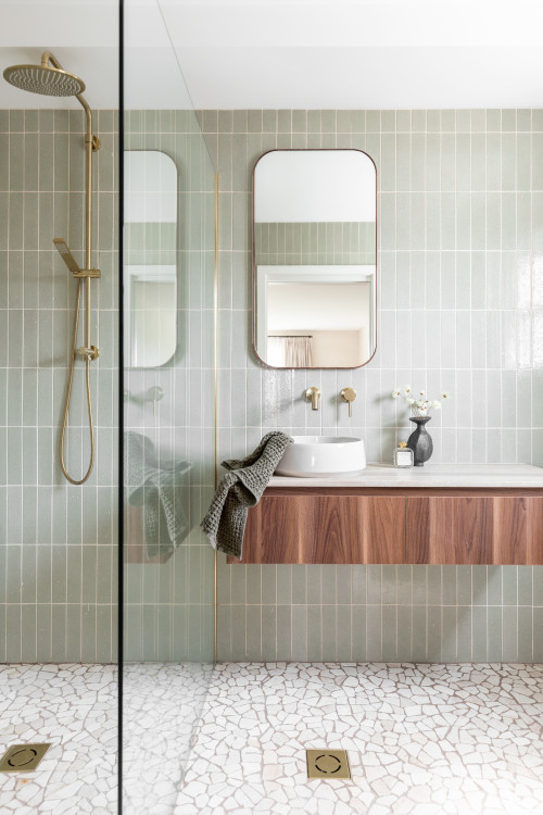 Modern Vessel Sink Vanity with Light Gray Backsplash and Gold Tapware