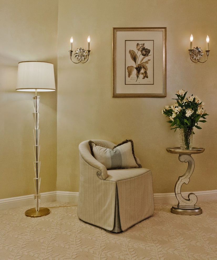 Large transitional master carpeted bedroom photo in New York with beige walls