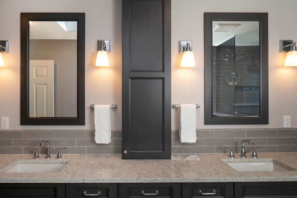 Bathroom - large transitional master gray tile and ceramic tile porcelain tile, beige floor and double-sink bathroom idea in Seattle with shaker cabinets, gray cabinets, white walls, an undermount sink, quartz countertops, a hinged shower door, white countertops and a built-in vanity