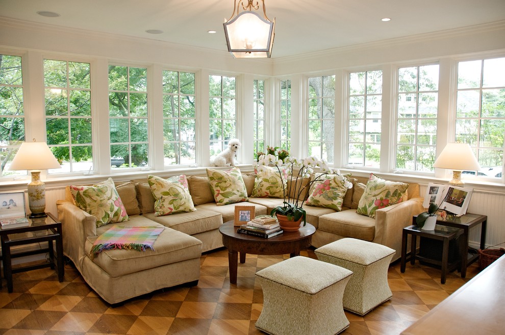 Design ideas for a mid-sized traditional sunroom in Boston with medium hardwood floors, no fireplace, a standard ceiling and brown floor.