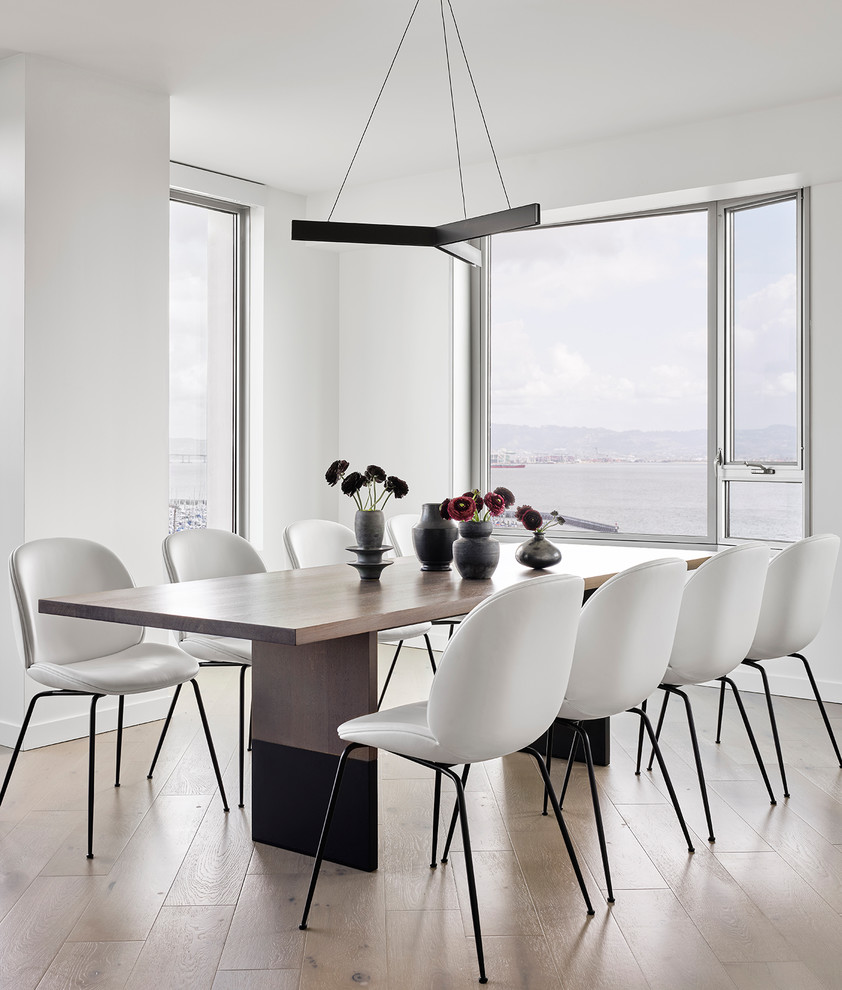 Inspiration for a mid-sized contemporary dining room in San Francisco with white walls, light hardwood floors, no fireplace and beige floor.
