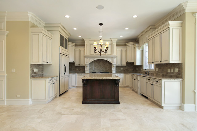 Beige Kitchen Floor Tiles and Marble Backsplash - Traditional - New