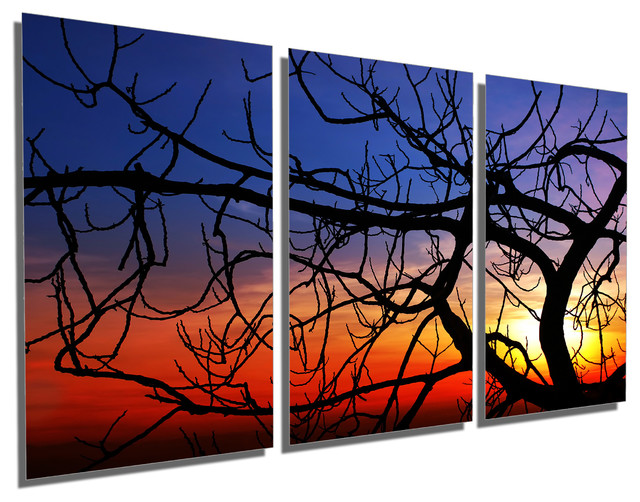 Tree Fig At Sunset Metal Print, 3 Panel Split, Triptych Wall Art, 48x24