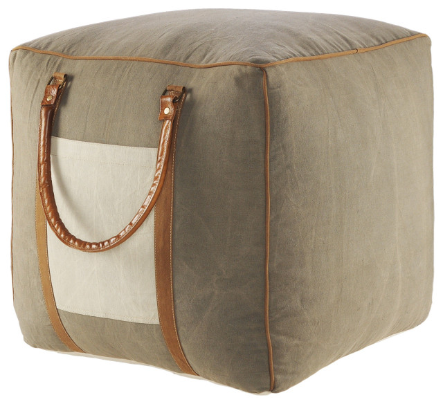 Modern Farmhouse Pouf with Leather Handles Contemporary Floor