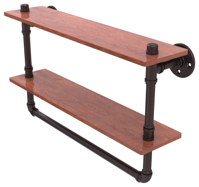Allied Brass Pipeline Collection 22 Inch Double Ironwood Shelf with Towel Bar