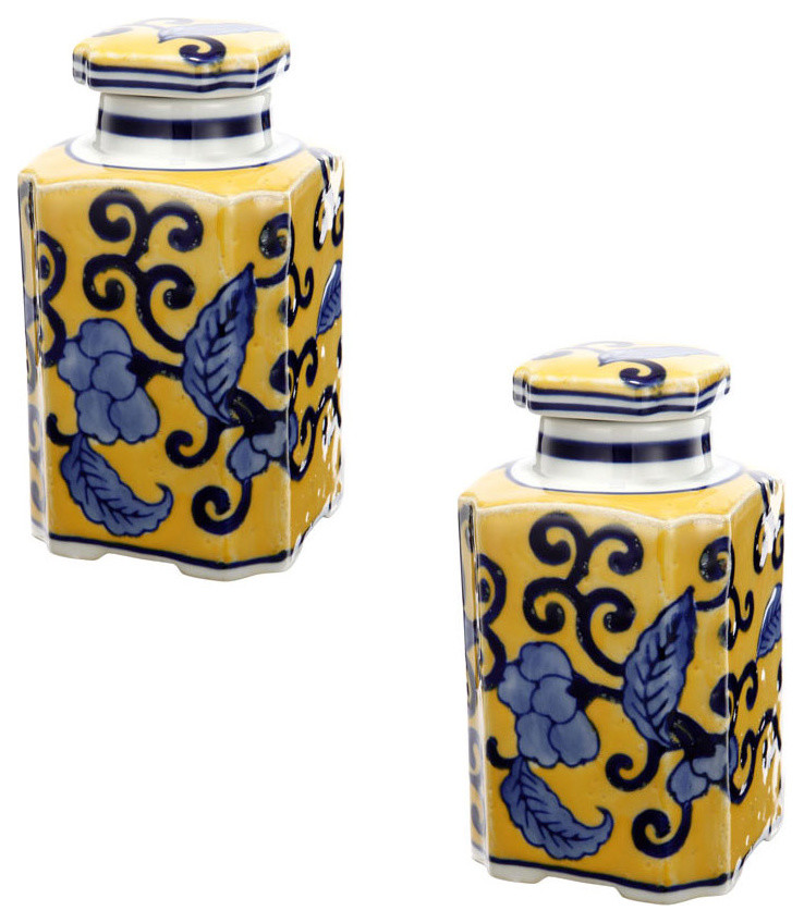 Blue Yellow Ceramic Lidded Jar 3"x3"x6", Set of 2