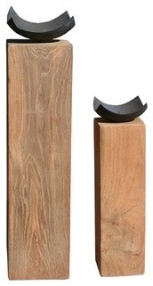 Block Recycled Teak Wood Candleholder, 2-Piece Set