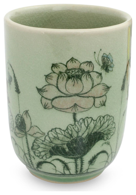 NOVICA Pink Lotus Butterflies And Celadon Ceramic Teacup