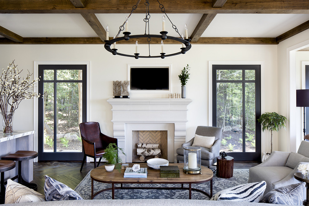 Inspiration for a transitional living room in Baltimore with white walls, dark hardwood floors, a standard fireplace and a wall-mounted tv.