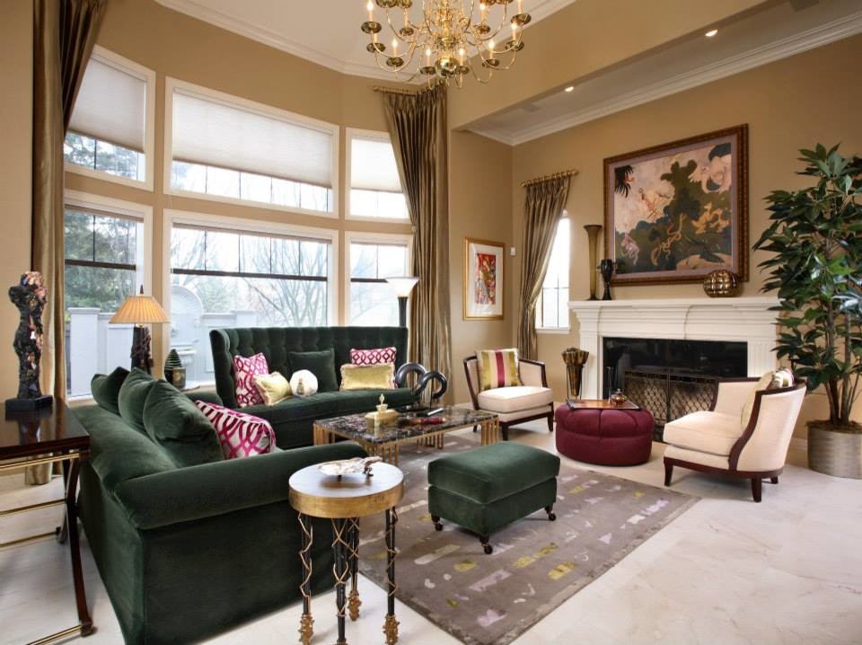 Large traditional formal enclosed living room in San Francisco with beige walls, carpet, a standard fireplace, a wood fireplace surround and no tv.