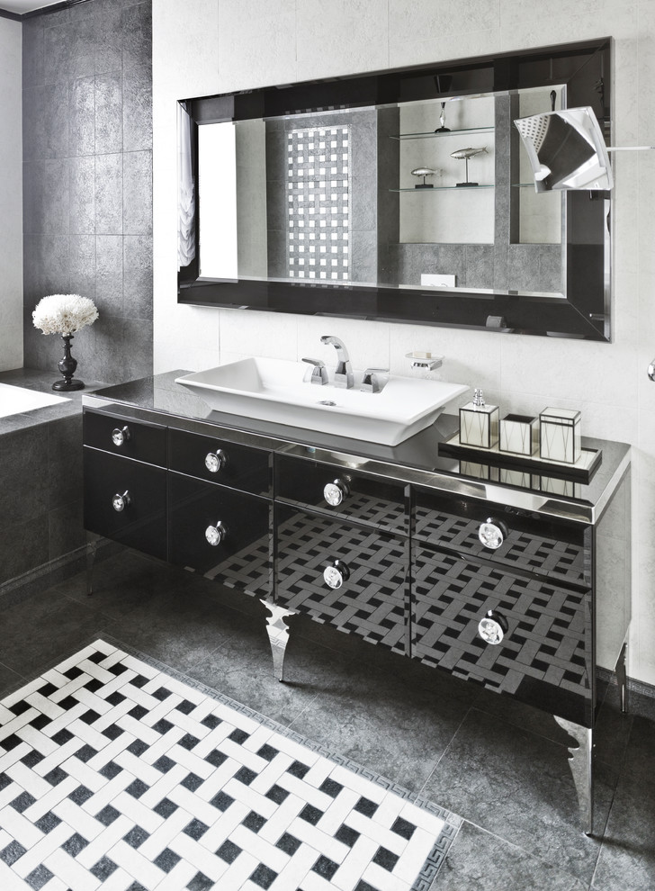 Inspiration for a large contemporary bathroom in Milan with black cabinets, white tile, black and white tile, gray tile, white walls, ceramic floors and a vessel sink.
