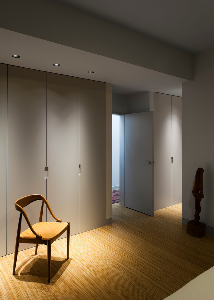 This is an example of a mid-sized contemporary gender-neutral built-in wardrobe in London with flat-panel cabinets, plywood floors and grey cabinets.