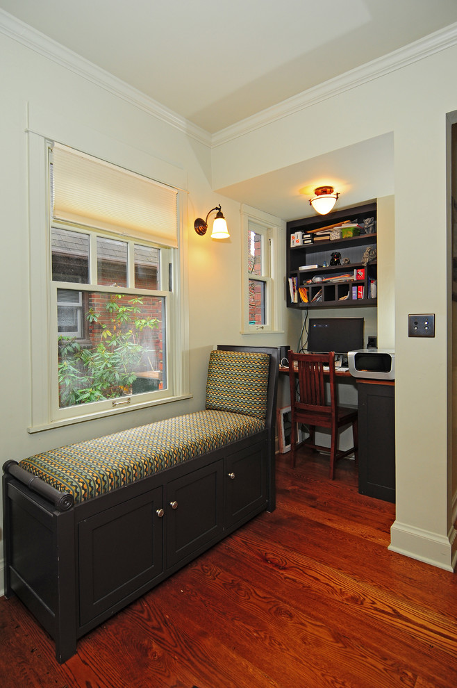 Inspiration for a mid-sized transitional u-shaped dark wood floor kitchen pantry remodel in Seattle with a farmhouse sink, shaker cabinets, green cabinets, wood countertops, green backsplash, stone tile backsplash, stainless steel appliances, gray walls and an island