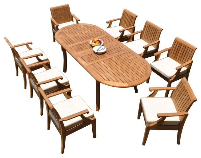 9 Piece Outdoor Teak Patio Dining Set 94 Oval Extn Table 8 Lagos Arm Chairs Transitional Sets By Deals Houzz - Teak Patio Dining Set For 8