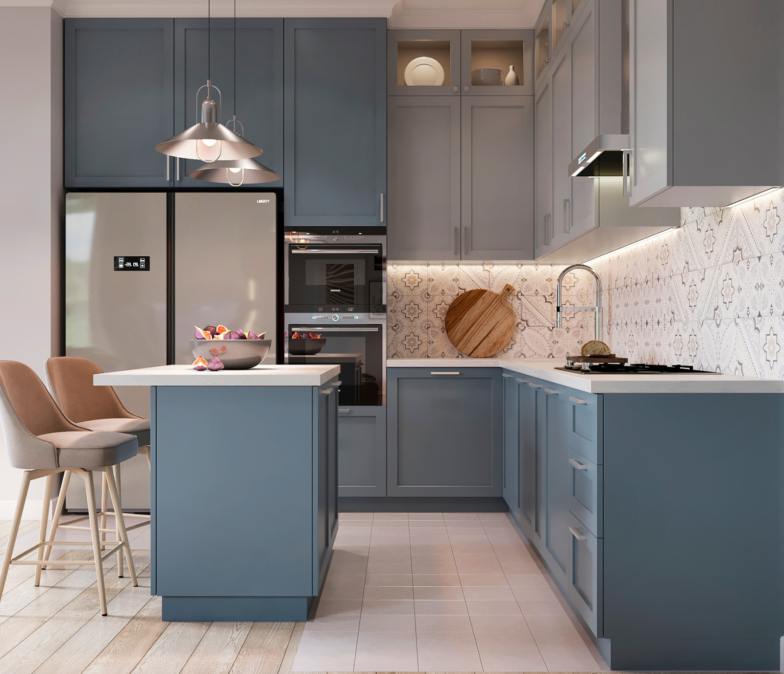 Кухня-гостиная на первом этаже. Вид на кухонный гарнитур