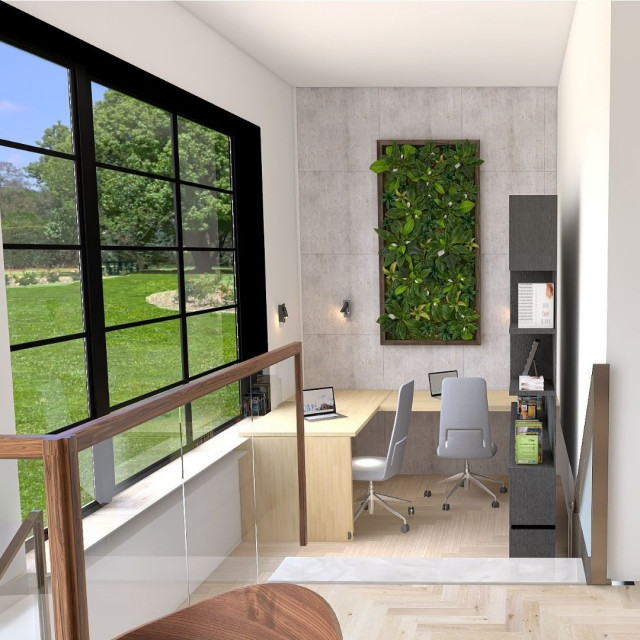 Mezzanine WFH area and staircase to lower floor. Contemporary Home