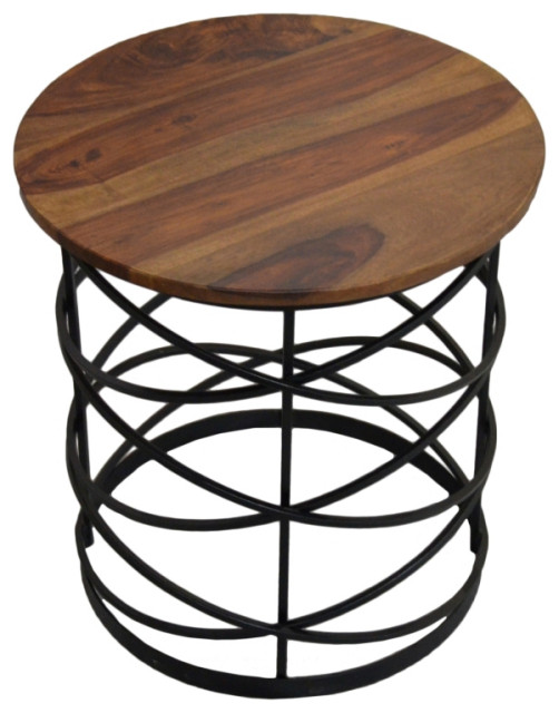 Anaheim Solid Wood Side Table in Brown with Cage Style Iron Base