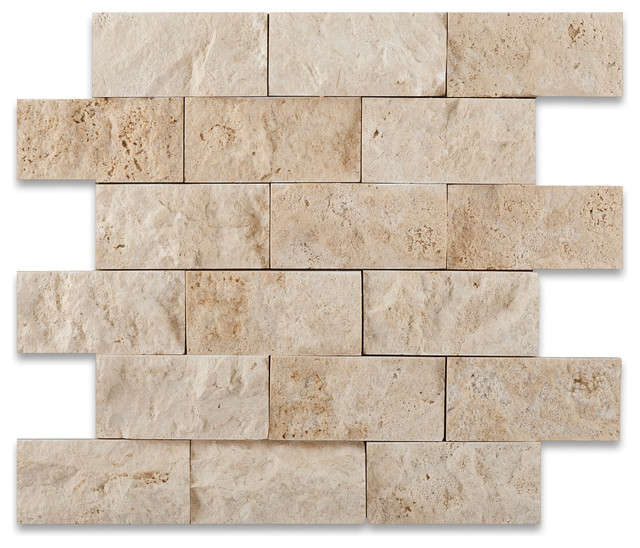 Ivory, Light Travertine Split Face Mosaic Tile Contemporary Mosaic