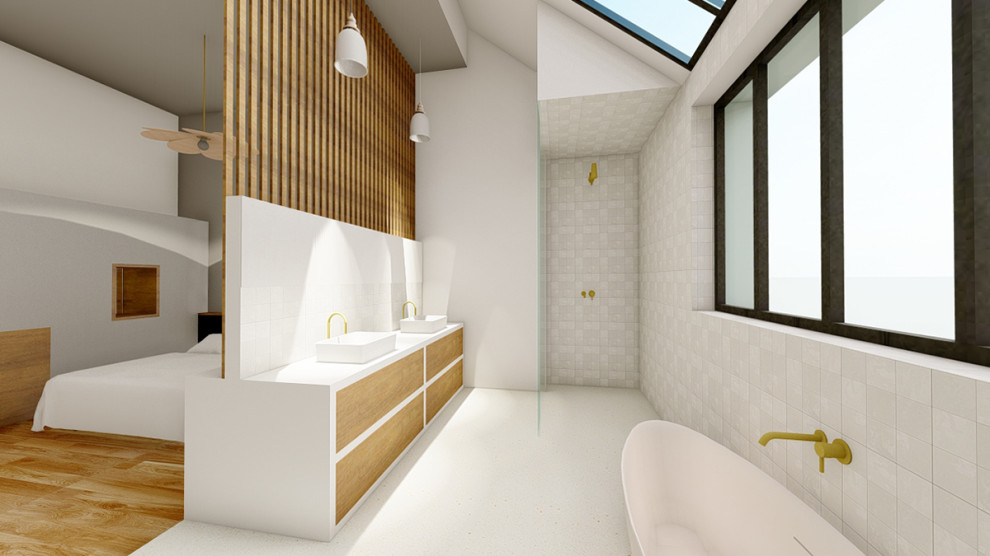 Immagine di una grande stanza da bagno con doccia contemporanea con vasca da incasso, doccia a filo pavimento, WC a due pezzi, pavimento alla veneziana, pavimento beige e panca da doccia