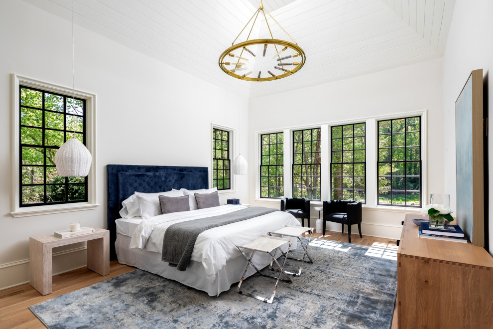 シャーロットにある広いコンテンポラリースタイルのおしゃれな主寝室 (白い壁、無垢フローリング、暖炉なし、三角天井)