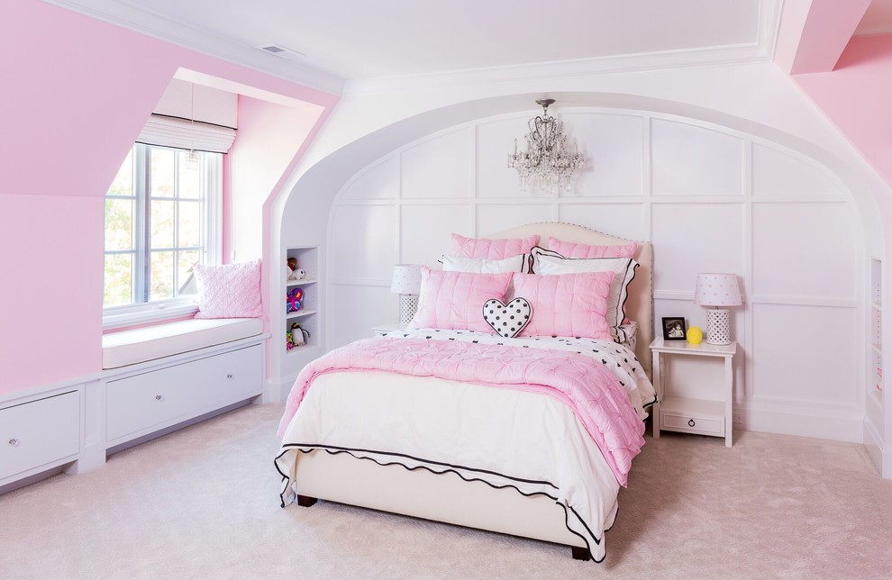 Inspiration for a large transitional kids' bedroom for kids 4-10 years old and girls in Chicago with pink walls, carpet and pink floor.