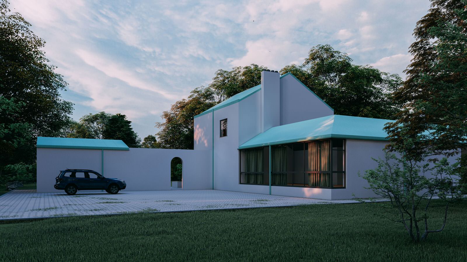 Загородный дом с остекленной терассой и гаражом.