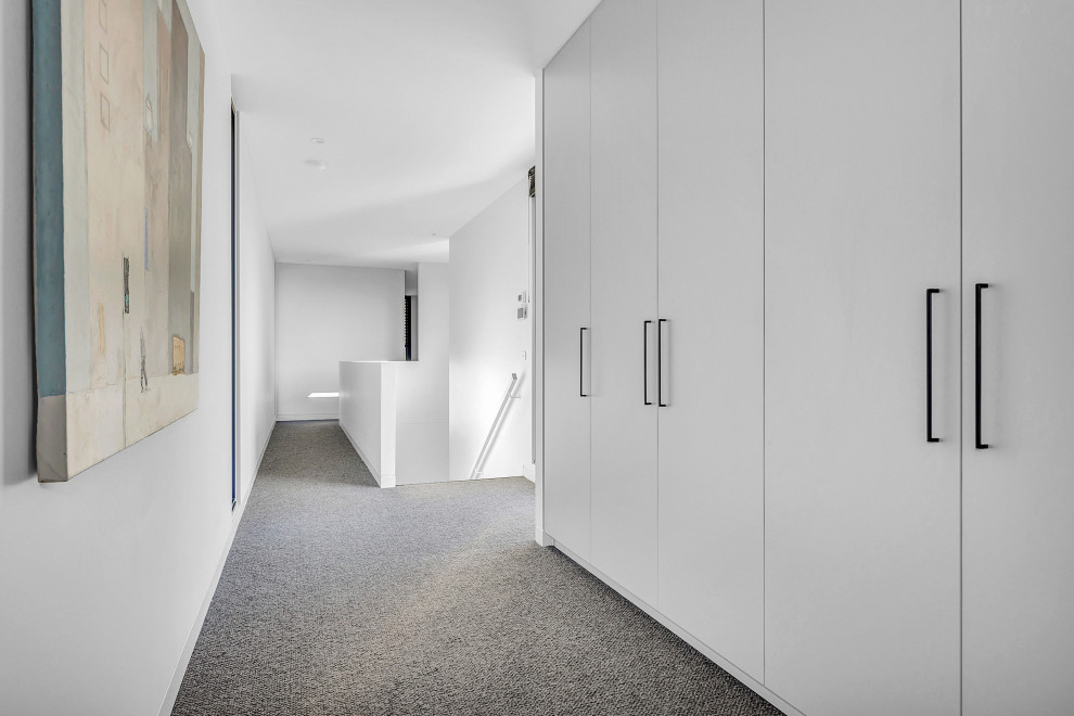メルボルンにある高級な広いコンテンポラリースタイルのおしゃれな廊下 (白い壁、カーペット敷き、グレーの床) の写真