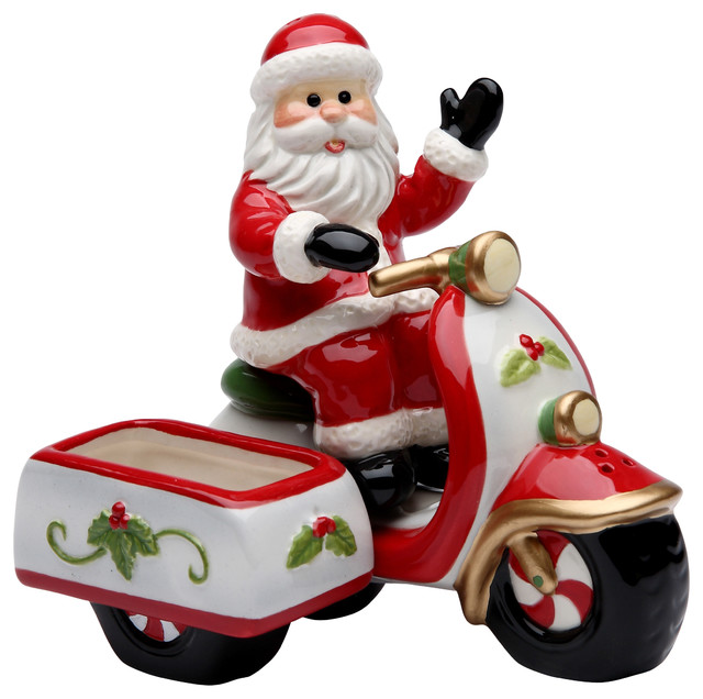 Santa Riding Scooter Salt and Pepper Shaker with Sugar Pack Holder