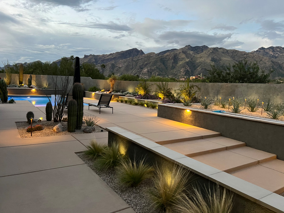 Design ideas for a large contemporary back l-shaped lengths swimming pool in Phoenix with with pool landscaping and concrete slabs.