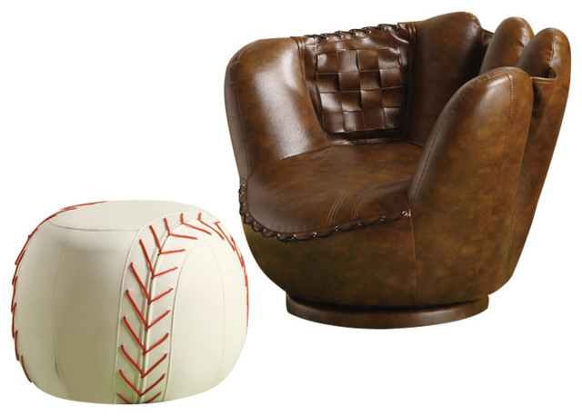 Baseball Glove Chair and Ottoman, Brown/White