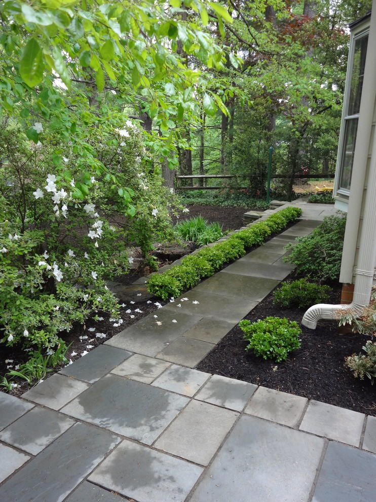 This is an example of a mid-sized contemporary side yard partial sun garden for fall in DC Metro with natural stone pavers.