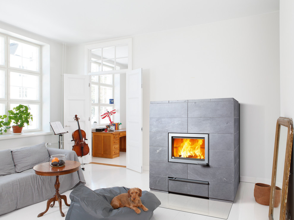 Design ideas for a large scandinavian living room in Gloucestershire with a wood stove.