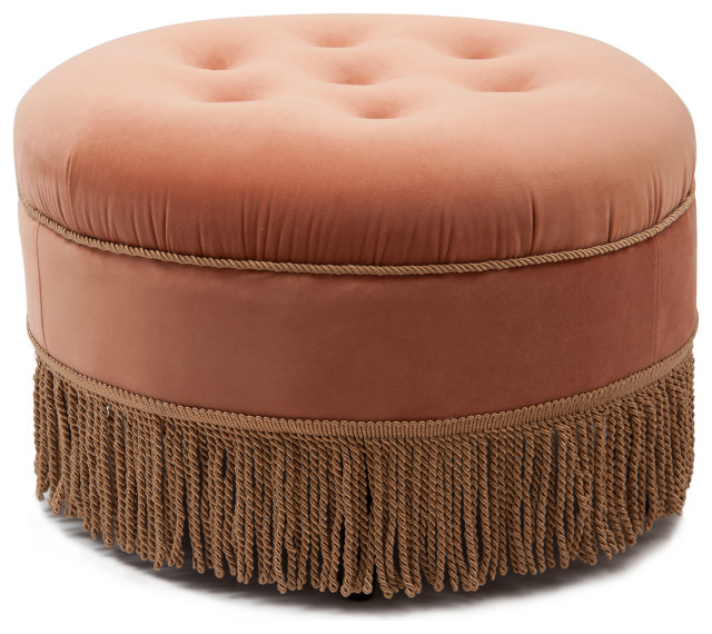 Yolanda Tufted Round Ottoman With Bullion Trim Traditional