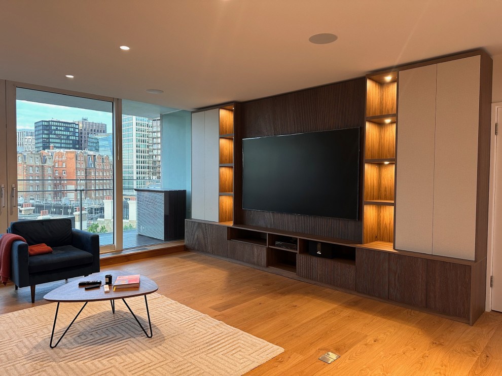 Bespoke Sleek Brown Media Unit with ribbed wood slat panels