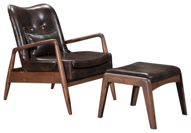 Modern Mid Century Chaise Lounge Chair, Brown Faux Leather Chair And Ottoman