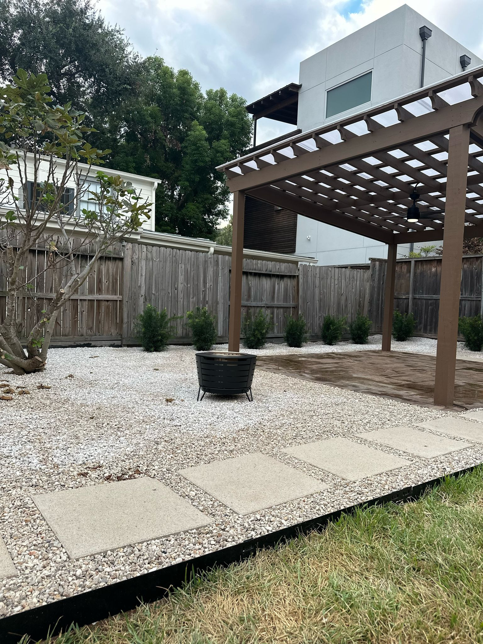 Beautiful stamped concrete patio with Pergola Cover on Haddon st!
