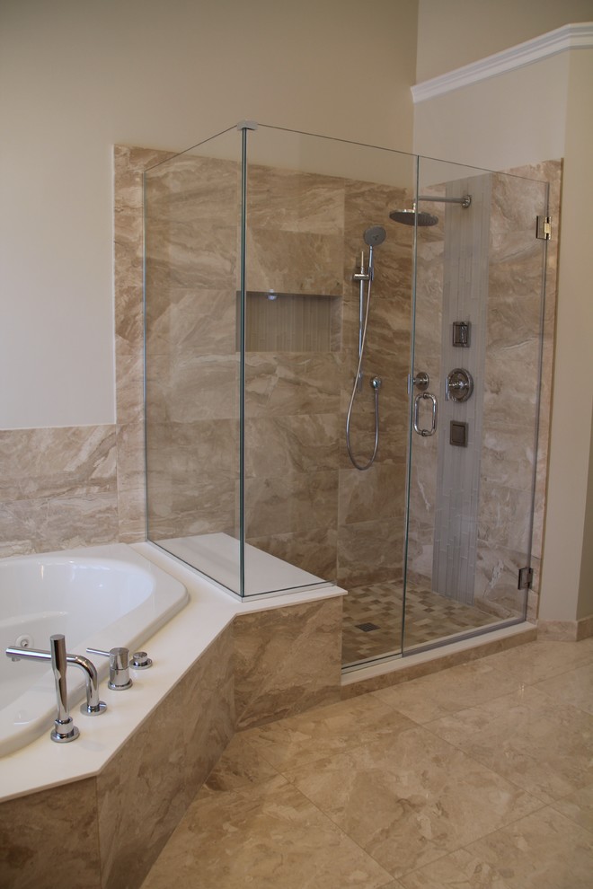Design ideas for a mid-sized contemporary master bathroom in DC Metro with an undermount sink, flat-panel cabinets, medium wood cabinets, solid surface benchtops, a corner tub, a corner shower, a two-piece toilet, beige tile, stone tile, beige walls and marble floors.