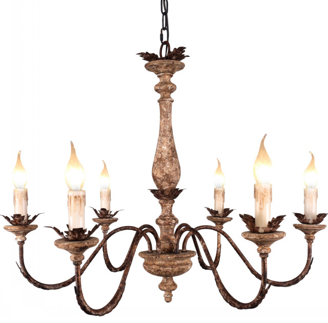 Farmhouse Rustic 6-Light Candle Wooden Chandelier, 6 Light