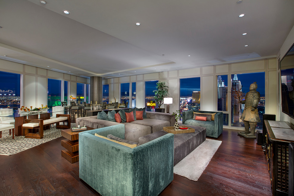 This is an example of a large asian loft-style family room in Las Vegas.