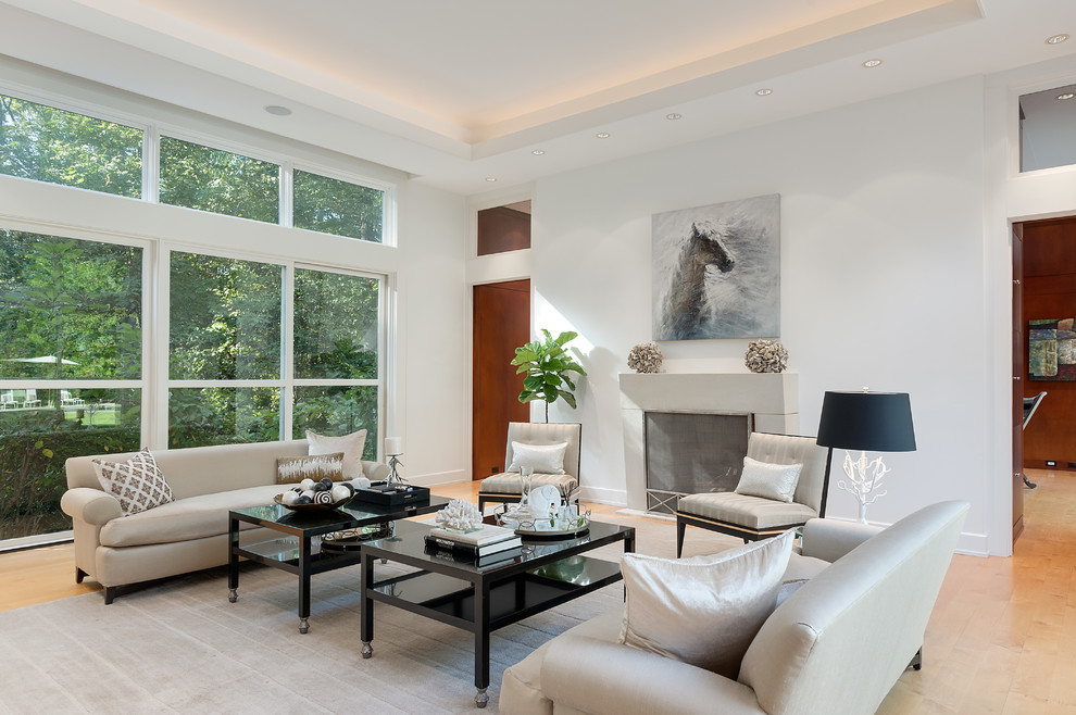 Photo of a large contemporary formal open concept living room in Atlanta with white walls, light hardwood floors, a standard fireplace, a concrete fireplace surround and no tv.