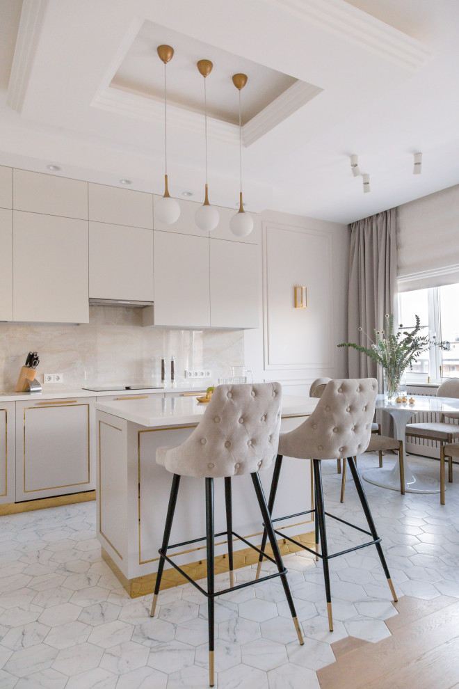 Photo of a mid-sized contemporary eat-in kitchen in Saint Petersburg with beige cabinets, solid surface benchtops, beige splashback, ceramic floors, with island, white floor, white benchtop, flat-panel cabinets and stone slab splashback.