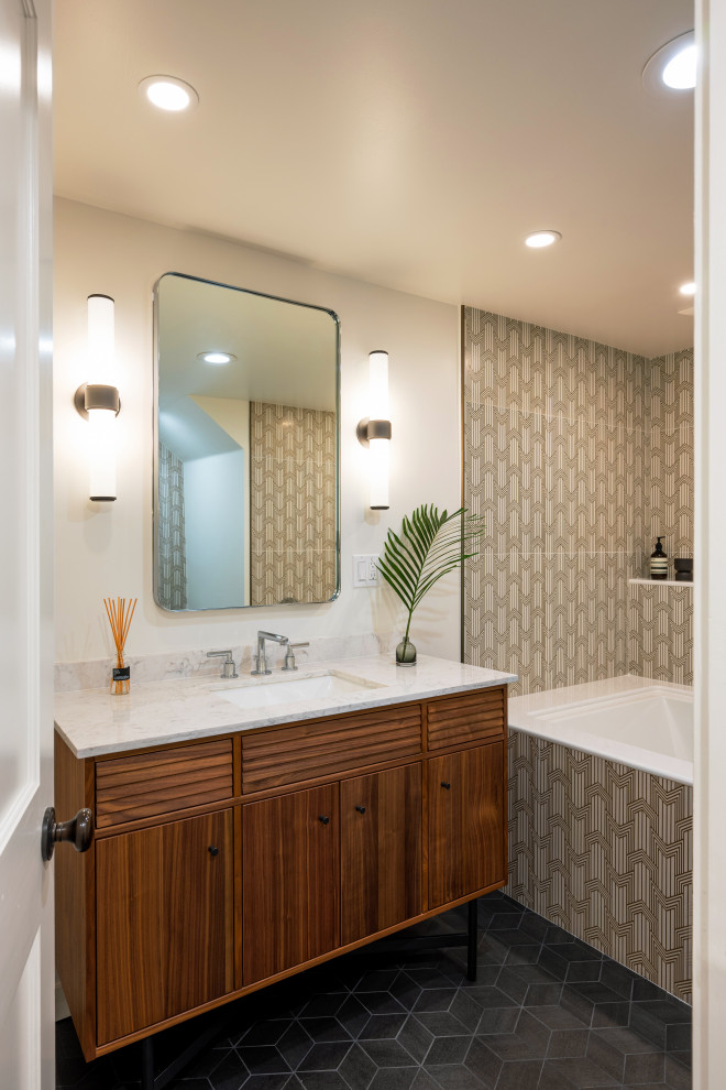 Bathroom - small modern master white tile and ceramic tile porcelain tile, black floor and single-sink bathroom idea in Portland with a bidet, white walls, an undermount sink, quartz countertops, white countertops, a niche, a freestanding vanity and brown cabinets