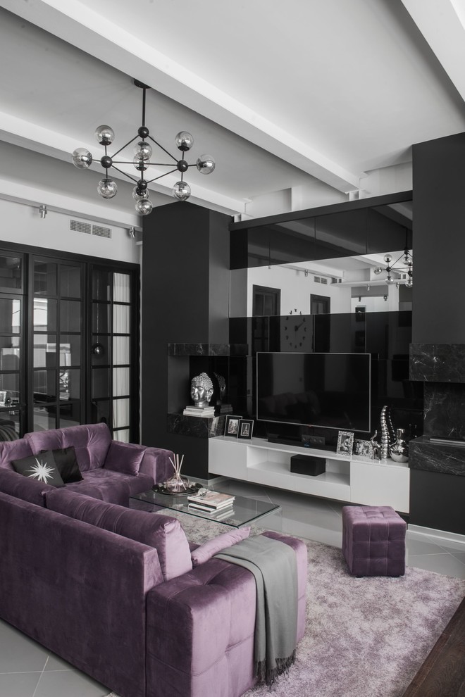 Contemporary formal open concept living room in Moscow with a wall-mounted tv, white walls and grey floor.