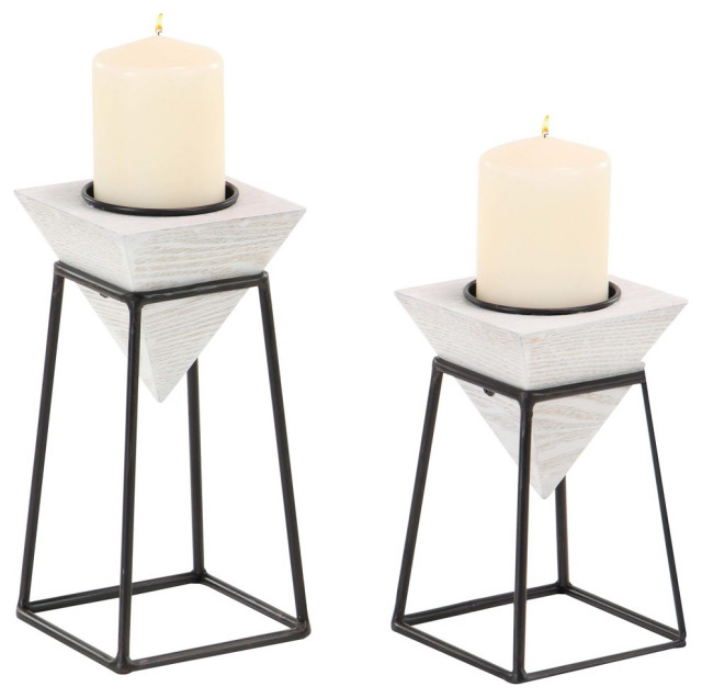 Set of 2 White Metal Modern Candle Holder, 8"x10" Industrial