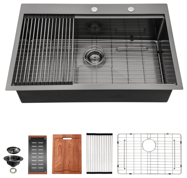 30 in Black Single Bowl Topmount Workstation Stainless Steel Kitchen