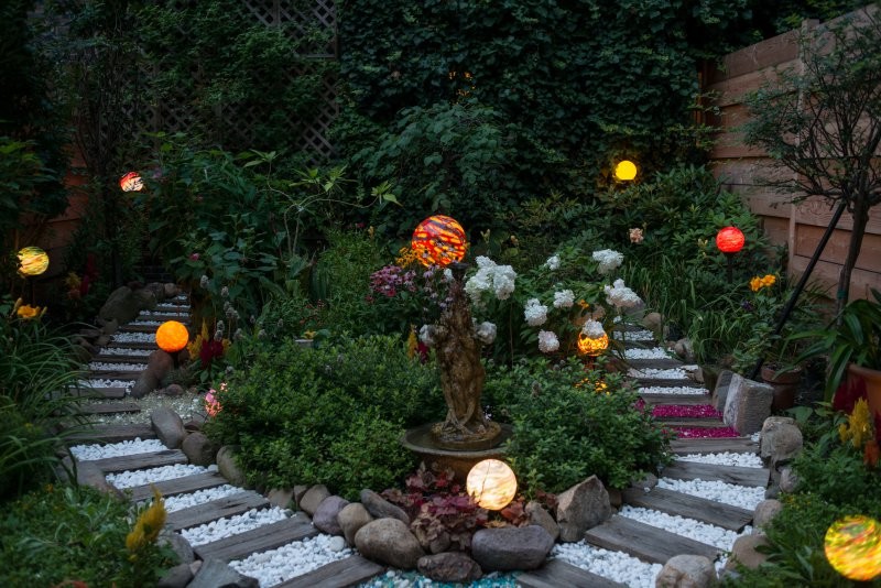 Inspiration for an eclectic backyard partial sun formal garden in New York with a garden path.